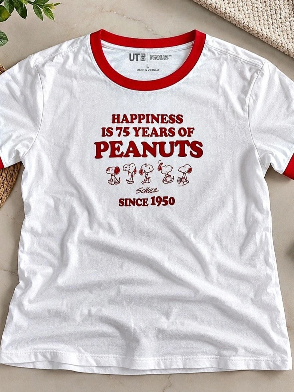 UT Peanuts 75 Years of Happiness Graphic Short Sleeve Tee in White & Red Like